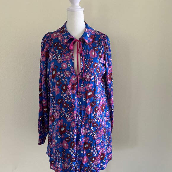 Free People Daisy Jane Mini Dress Purple Floral Retro Tie Neck SXS Oversize - Picture 1 of 9